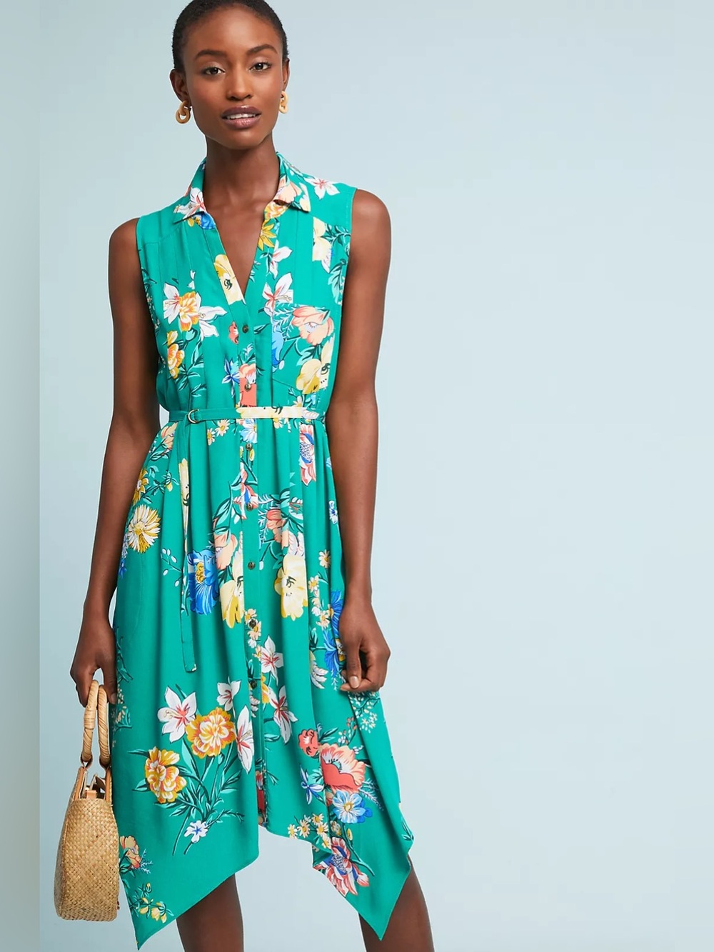 NWOT ANTHROPOLOGIE MAEVE Rory Shirt Dress - Green Floral Hankerchief Hem